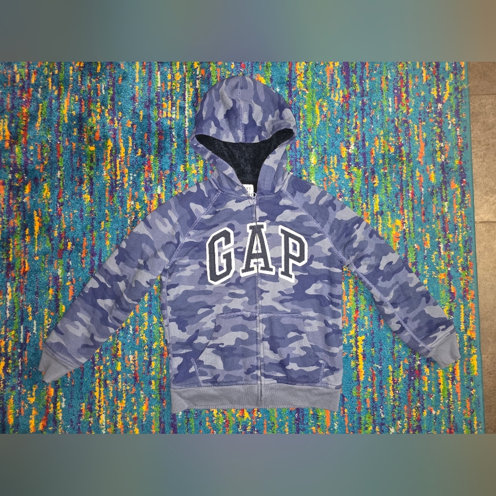 NWOT GAP Kids Size MD Blue Camo Zipup‎ Hoodie Fleece Lined
